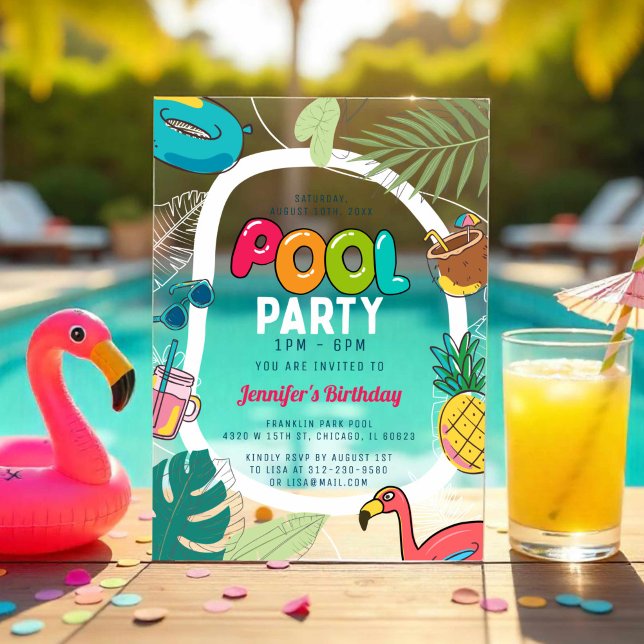 Colourful Pool Party | Swimming Birthday Acrylic Acrylic Invitations (Creator Uploaded)