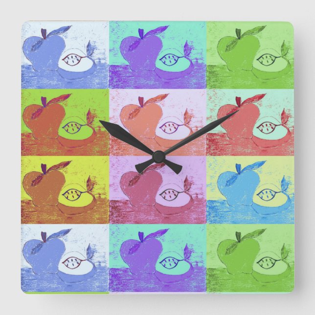 Colourful Pop Art Apple Square Wall Clock (Front)