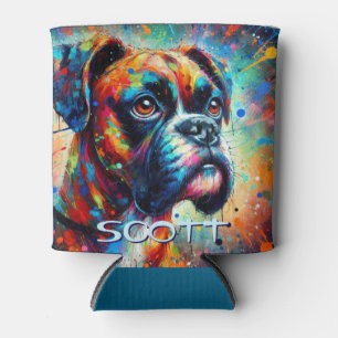 Colourful Pop Art Boxer Dog Personalized Teal Blue Can Cooler