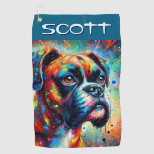 Colourful Pop Art Boxer Dog Personalized Teal Blue Golf Towel