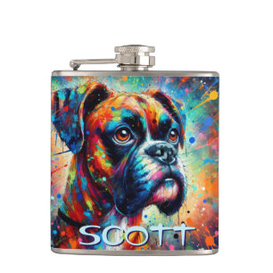 Colourful Pop Art Boxer Dog Personalized Teal Blue Hip Flask