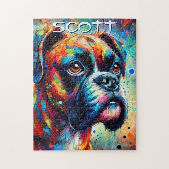 Colourful Pop Art Boxer Dog Personalized Teal Blue Jigsaw Puzzle (Vertical)