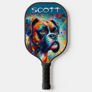 Colourful Pop Art Boxer Dog Personalized Teal Blue Pickleball Paddle