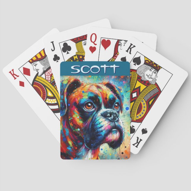 Colourful Pop Art Boxer Dog Personalized Teal Blue Playing Cards (Back)