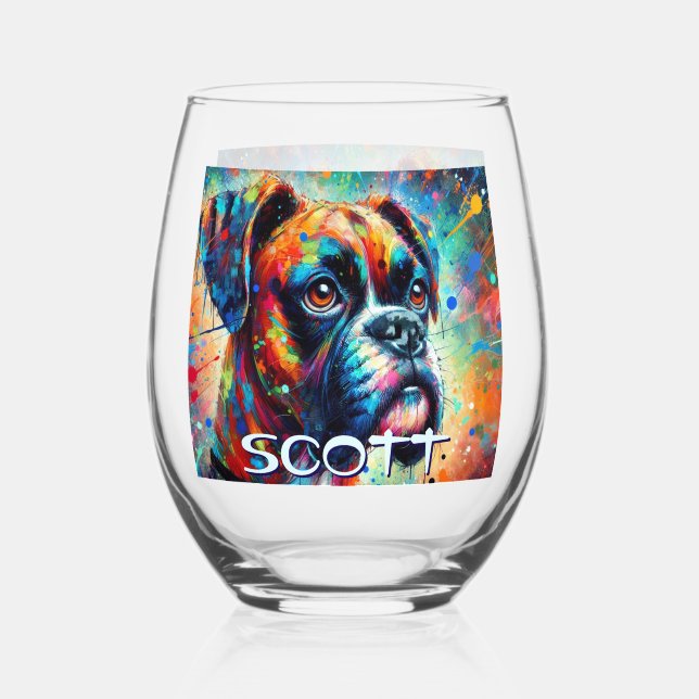 Colourful Pop Art Boxer Dog Personalized Teal Blue Stemless Wine Glass (Front)