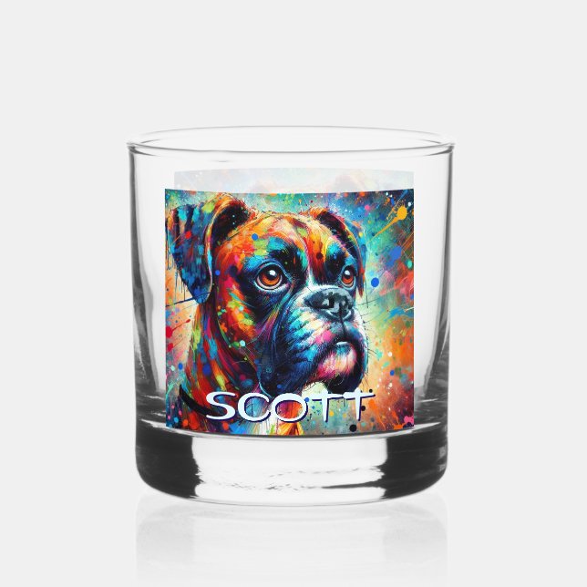 Colourful Pop Art Boxer Dog Personalized Teal Blue Whiskey Glass (Front)