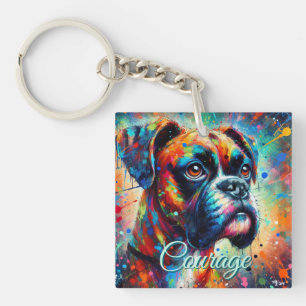 Colourful Pop Art Boxer Dog Teal Blue Dogs Keychain