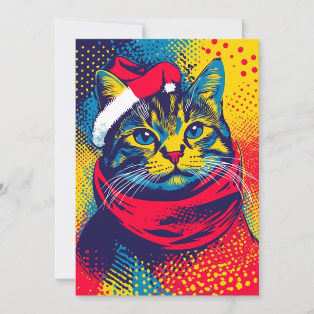Colourful Pop Art Cat Custom Text Christmas Holiday Card (Front)