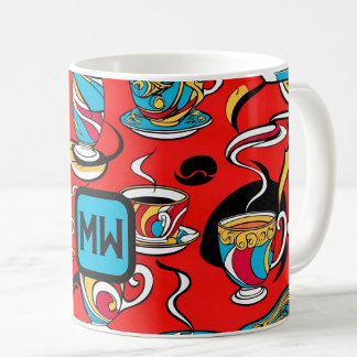Colourful, pop art, coffee images, monogram coffee mug