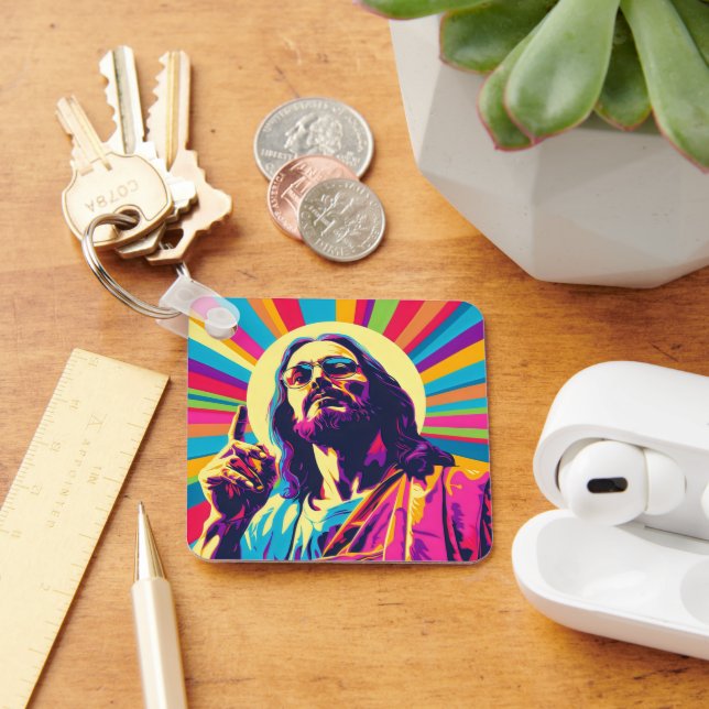Colourful Pop Art Cool Jesus Keychain (Desk)