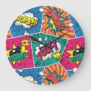 Colourful Pop Art Design - Retro Comic Explosion Large Clock