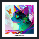 Colourful Pop Art Editable Cat and butterfly Poster<br><div class="desc">This image features a close-up of a cat’s face with a vibrant, multi-coloured butterfly hovering near its nose. The cat’s eyes are large and vividly green, adding to the captivating effect of the scene. The background consists of dynamic, abstract patterns and bright, contrasting colours, enhancing the overall whimsical and surreal...</div>