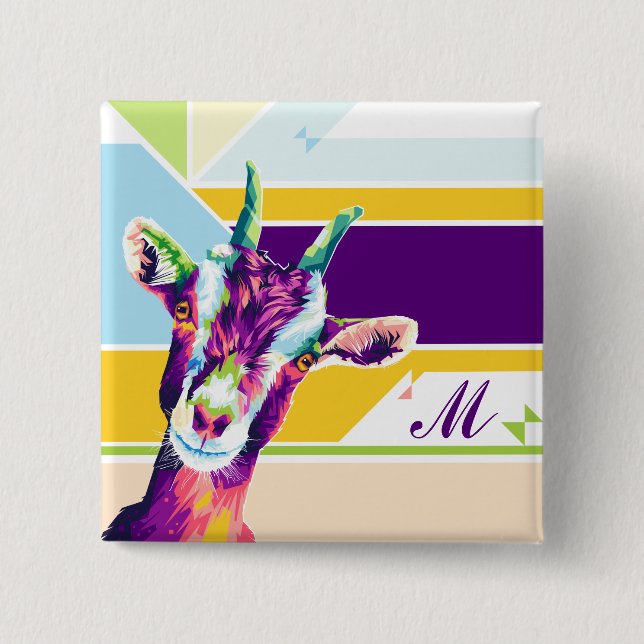 Colourful Pop Art Goat Monogrammed 2 Inch Square Button (Front)