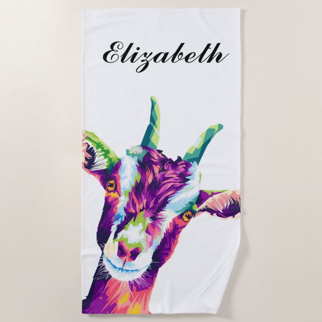 Colourful Pop Art Goat Personalized Beach Towel (Front)