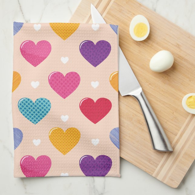 Colourful Pop Art Heart Pattern Kitchen Towel (Quarter Fold)