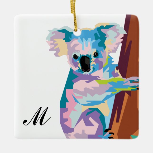 Colourful Pop Art Koala Monogrammed Ceramic Ornament (Front)