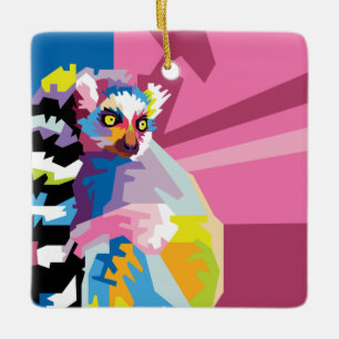 Colourful Pop Art Lemur Portrait Ceramic Ornament