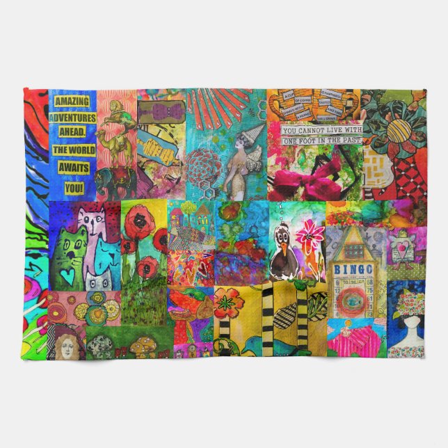 Colourful Pop Art Mixed-Media Collage Kitchen Towe Towel (Horizontal)