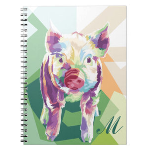 Colourful Pop Art Pig Monogrammed Notebook