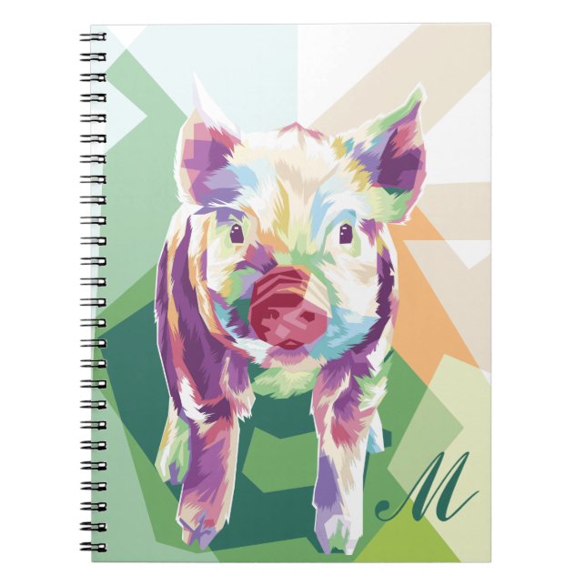 Colourful Pop Art Pig Monogrammed Notebook (Front)