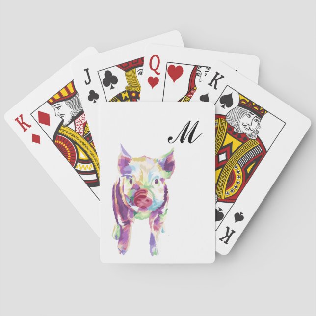 Colourful Pop Art Pig Monogrammed Playing Cards (Back)