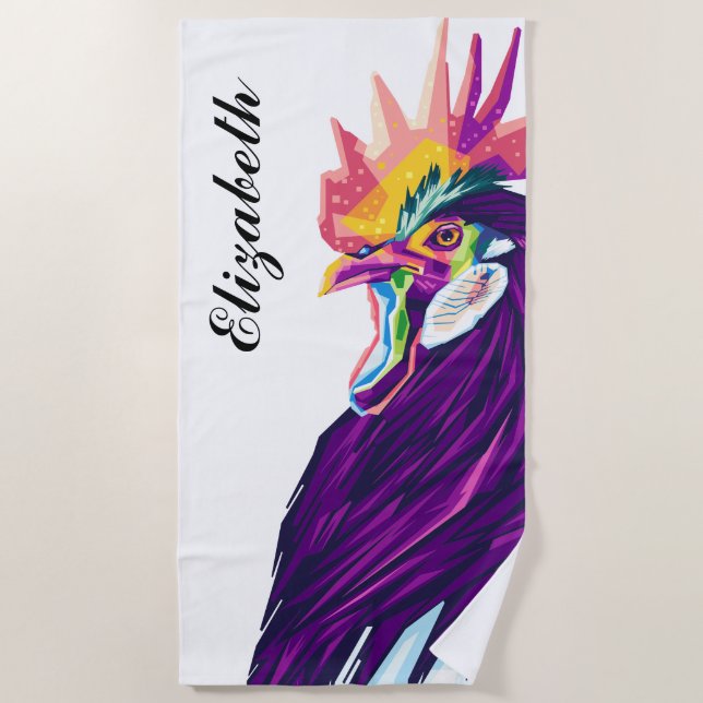 Colourful Pop Art Rooster Personalized Beach Towel (Front)