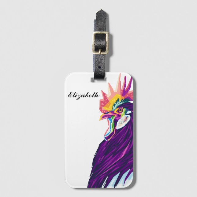 Colourful Pop Art Rooster Personalized Luggage Tag (Front Vertical)