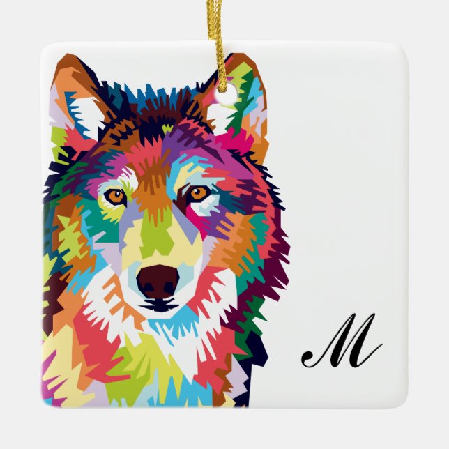 Colourful Pop Art Wolf Monogrammed Ceramic Ornament (Front)