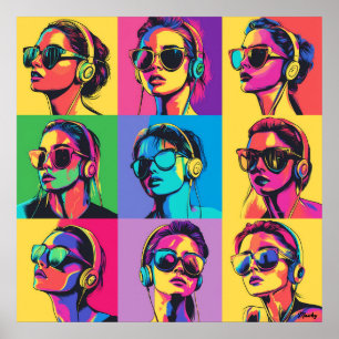 Colourful Pop Art Women with Sunglasses & Headphon Poster