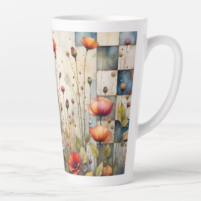 Colourful Poppies Floral Rustic Blue Patchwork Latte Mug (Right)