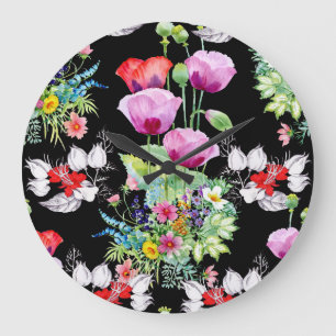 Colourful Poppy Summer Flowers Pattern Large Clock