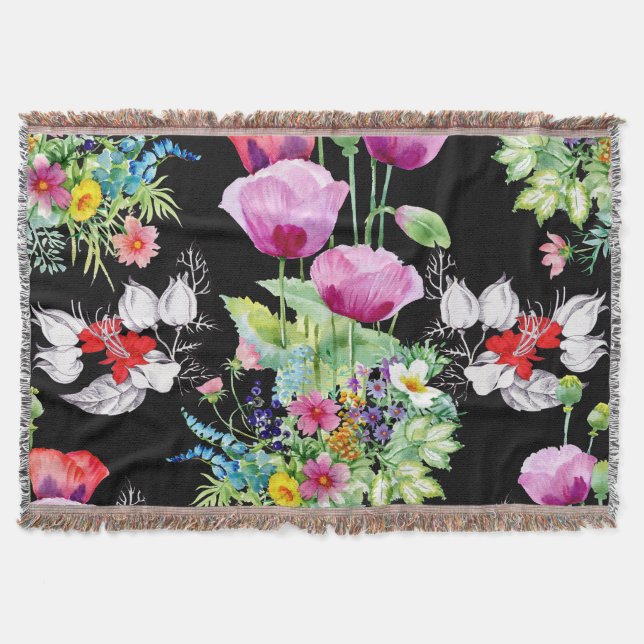 Colourful Poppy Summer Flowers Pattern Throw Blanket (Front)