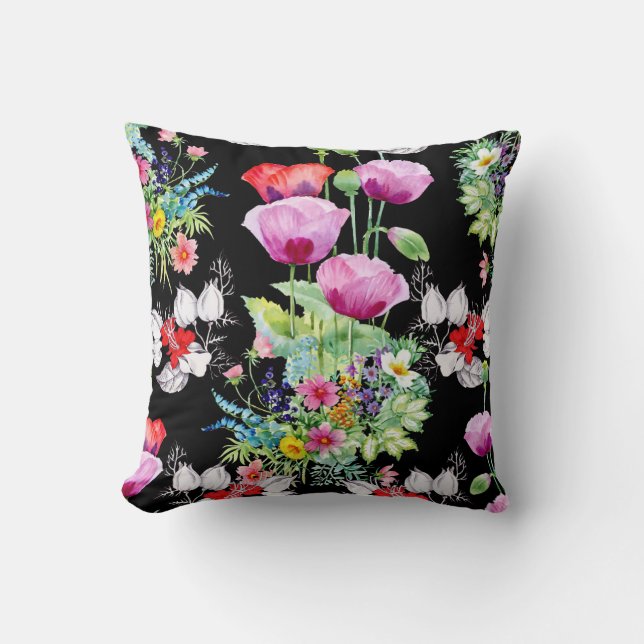 Colourful Poppy Summer Flowers Pattern Throw Pillow (Front)