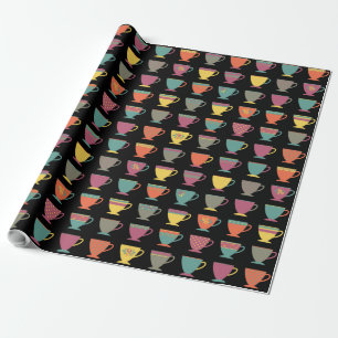 Colourful porcelain tea cups, winter hot coffee wrapping paper