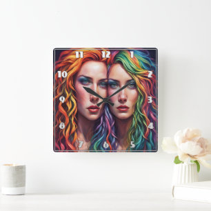 Colourful Portrait of Two Women With Vibrant Hair Square Wall Clock