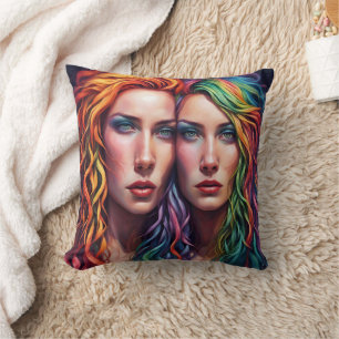 Colourful Portrait of Two Women With Vibrant Hair Throw Pillow
