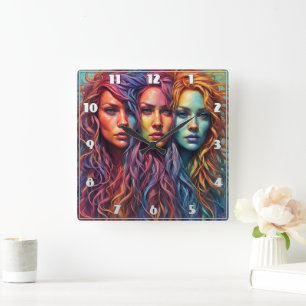 Colourful Portraits of Three Women With Wavy Hair Square Wall Clock