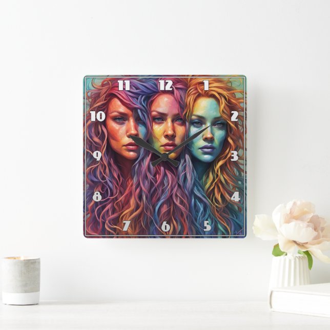 Colourful Portraits of Three Women With Wavy Hair Square Wall Clock (Home)
