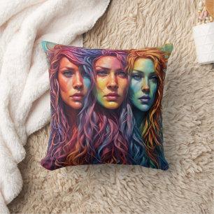 Colourful Portraits of Three Women With Wavy Hair Throw Pillow