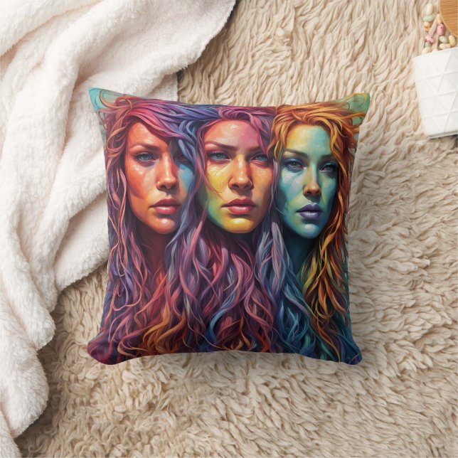 Colourful Portraits of Three Women With Wavy Hair Throw Pillow (Blanket)
