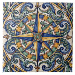 Colourful Portuguese Azulejo Compass Rose Medallio Tile