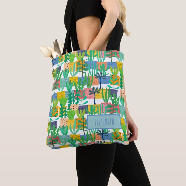 Colourful Pots and Cactus Pattern Personalized Tote Bag (Close Up)