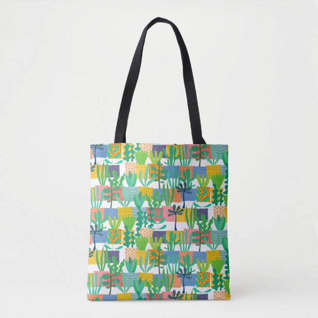Colourful Pots and Cactus Pattern Tote Bag (Front)
