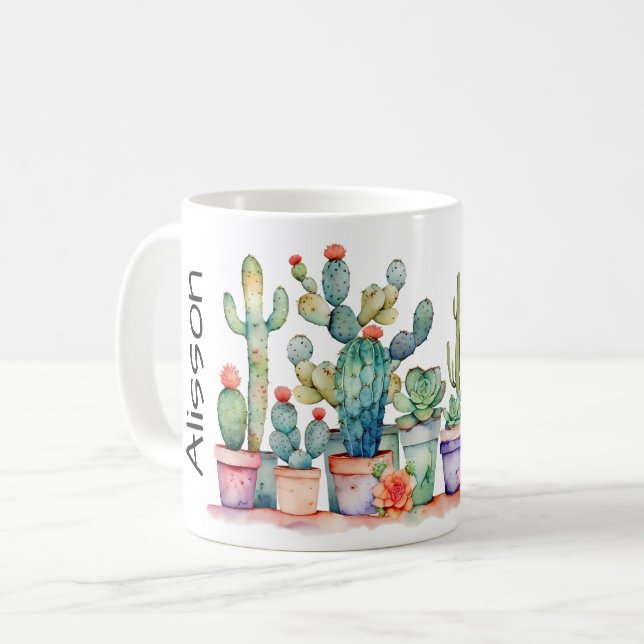 Colourful Potted Cacti And Succulents With Name Coffee Mug (Front Left)