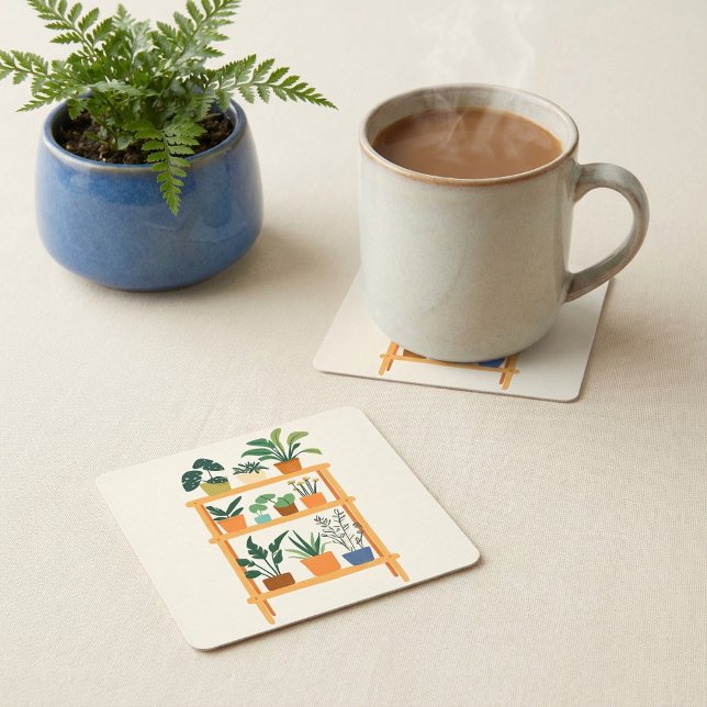 Colourful Potted Houseplants on a rack Square Paper Coaster (Colorful Potted Houseplants on a rack Square Paper Coaster.)
