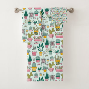 Colourful Potted Plants Succulent & Cactus Pattern Bath Towel Set