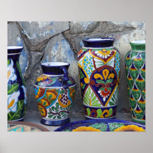 Colourful pottery for sale in downtown Loreto, Poster