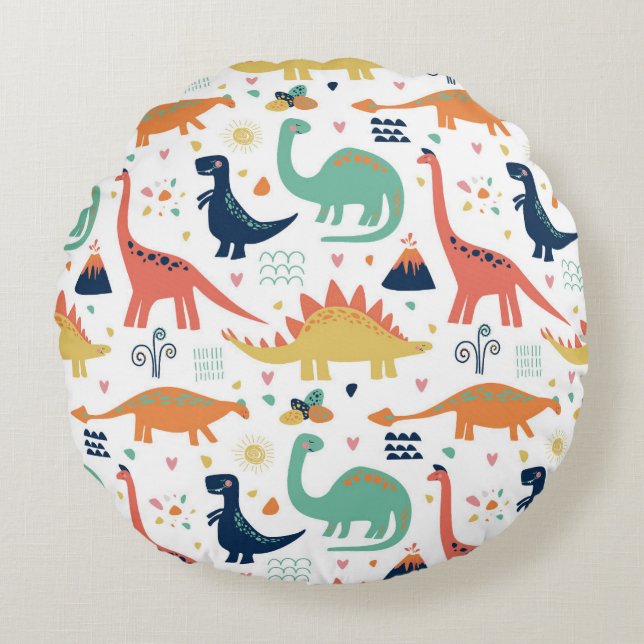 Colourful Prehistoric Dinosaurs Pattern Round Pillow (Front)