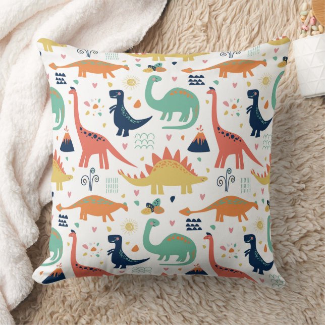 Colourful Prehistoric Dinosaurs Pattern Throw Pillow (Blanket)