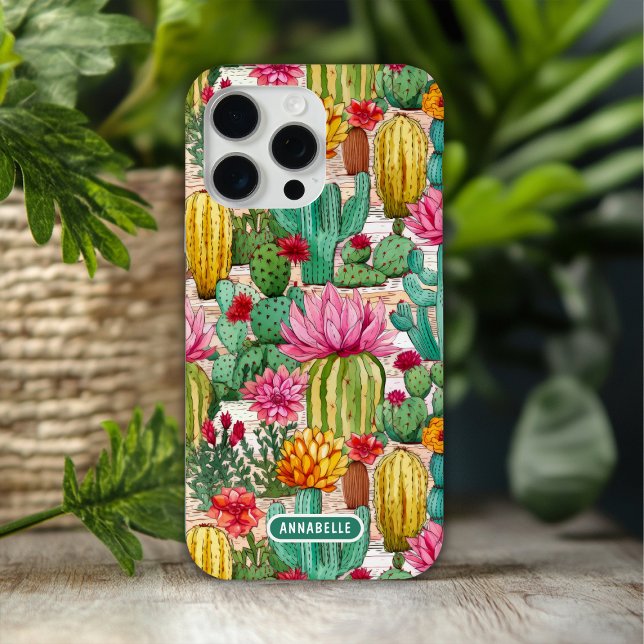 Colourful Preppy Cactus Floral Personalized Name Case-Mate iPhone Case (Creator Uploaded)